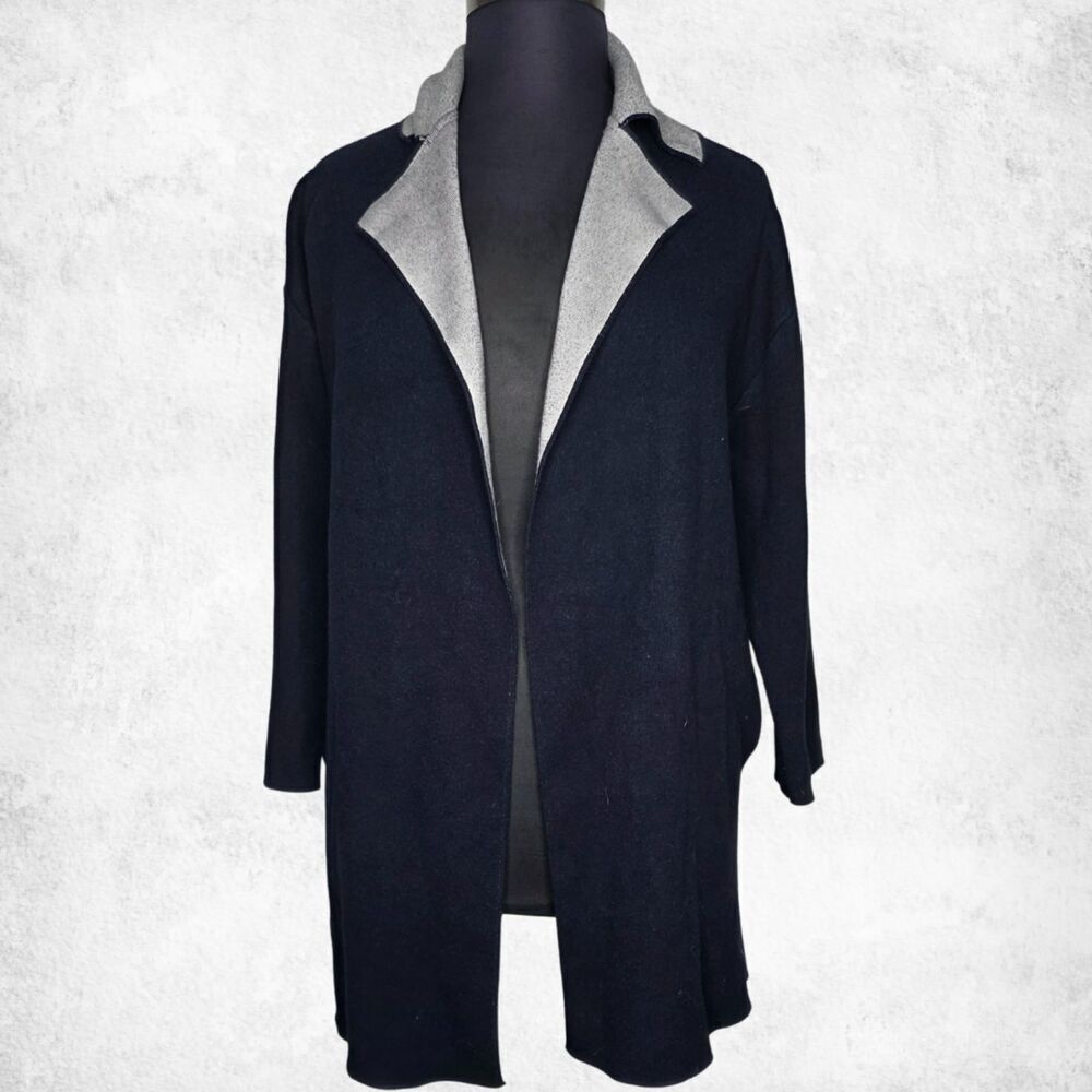 ZARA Knit Open Front Longline Coat Cardigan Jacket Black & Gray  (Size M)